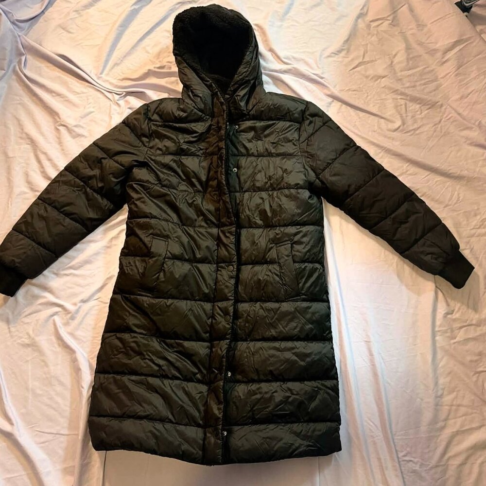 Women's Long Puffer Coat with Hood - Black